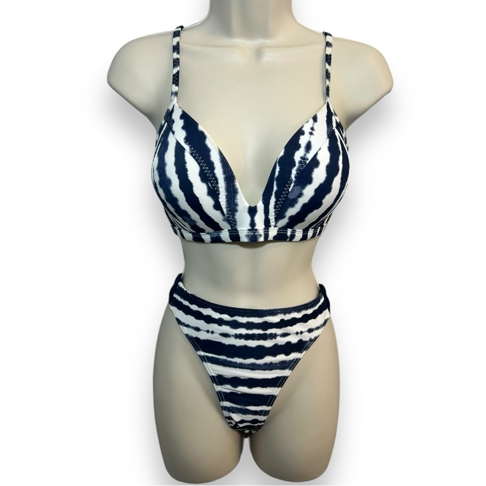 Athleta Women’s Wave Break Bikini White Navy Tie Dye Size Large
